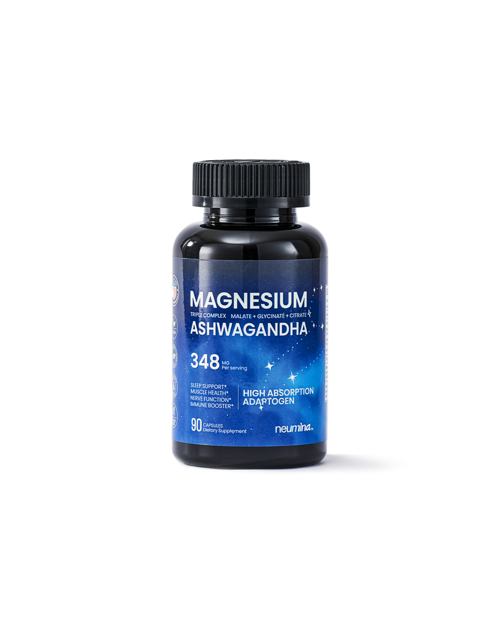 Product bottle of Neumina Magnesium Ashwagandha featuring a triple complex of Magnesium Malate, Glycinate, and Citrate with 348mg per serving. Labeled as a high-absorption adaptogen designed for sleep support, muscle health, nerve function, and immune boosting. Contains 90 vegan capsules. The dark blue starry packaging targets high-pressure professionals seeking stress relief and better sleep quality.
