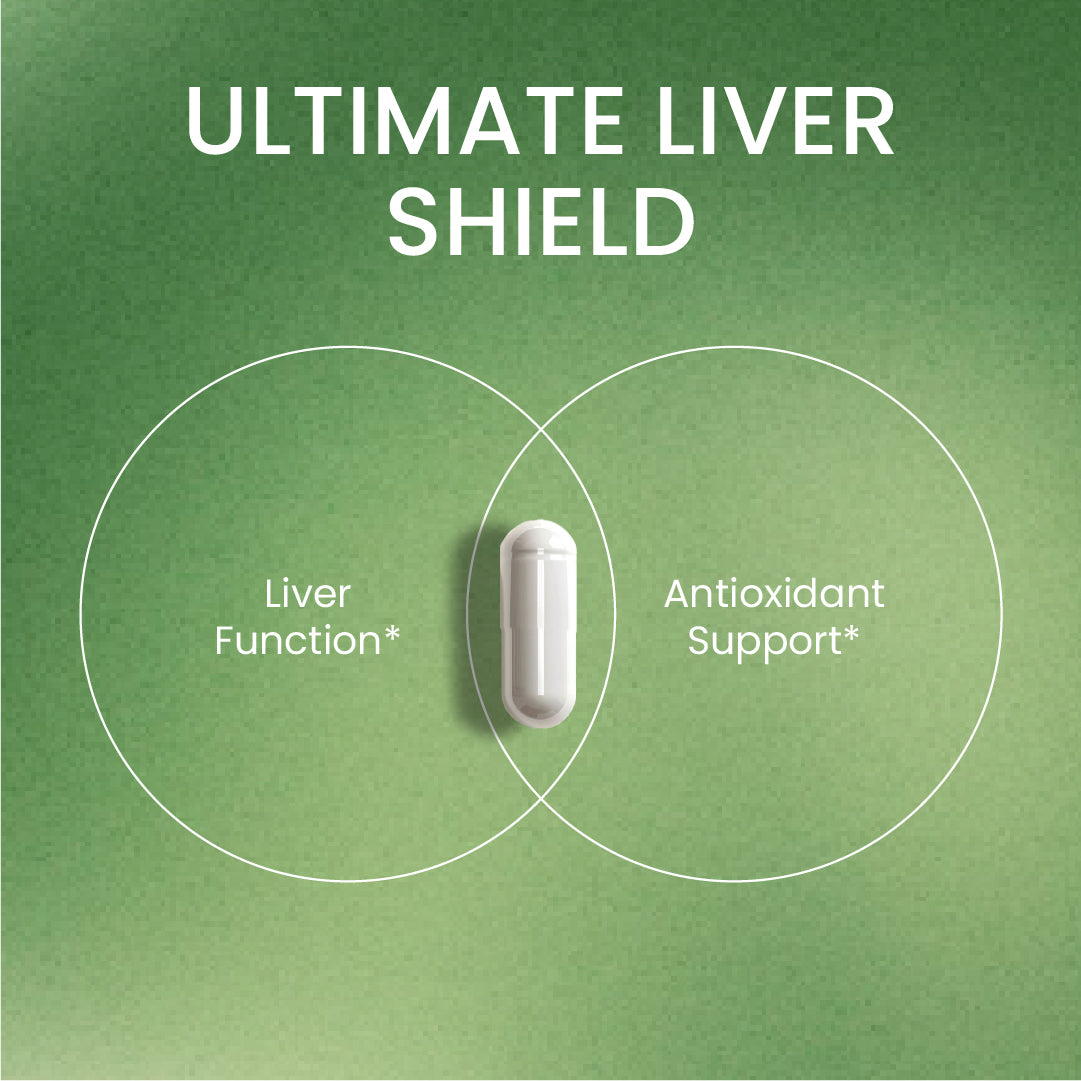 Infographic for Neumina Ultimate Liver Shield. A single capsule is centered between two intersecting circles representing "Liver Function" and "Antioxidant Support." The visual explains the synergistic effect of 430mg Milk Thistle (80% Silymarin) and Turmeric (90% Curcumin) in promoting liver detoxification and protecting liver cells from oxidative stress. Focus: scientific liver defense and systemic cleanse.