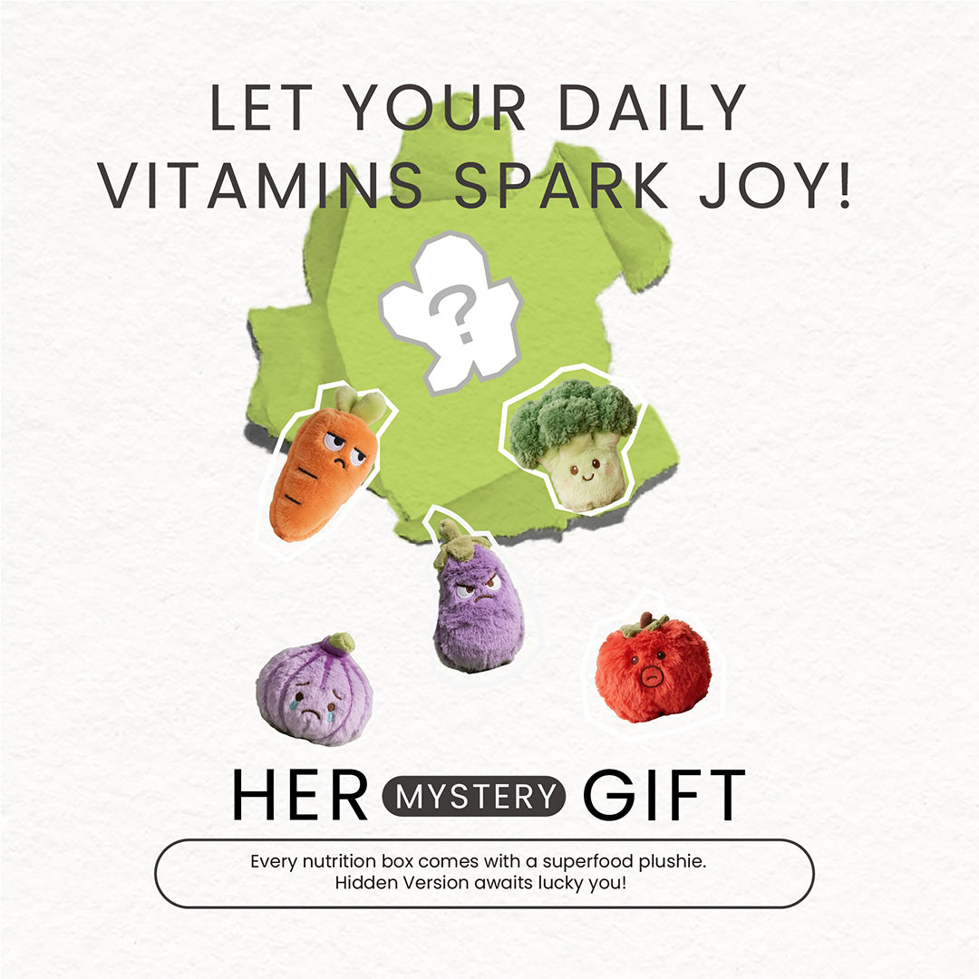 Infographic for "Her Mystery Gift" by Neumina. Each women's nutrition box includes a collectible superfood plushie (carrot, broccoli, eggplant, onion, tomato). Features a "Hidden Version" mystery for customers. Designed to spark joy and enhance the daily vitamin routine with fun, healthy-themed plush toys.