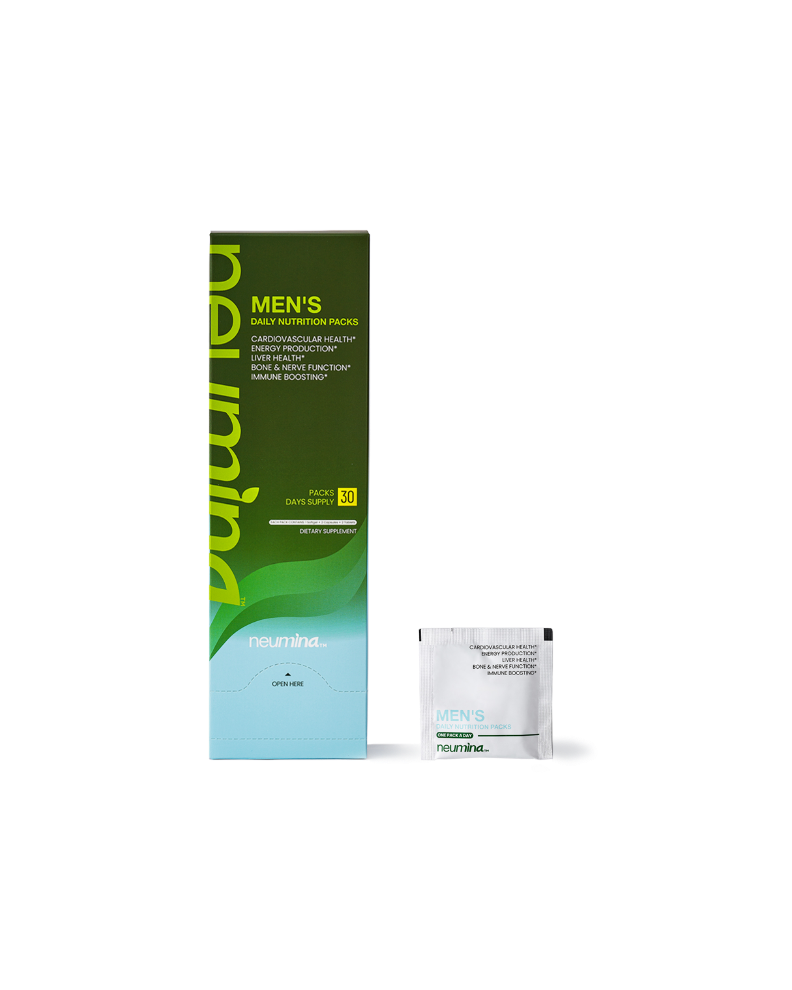 Product shot of Neumina Men's Daily Nutrition Packs, featuring a 30-day supply in a premium olive green box with a portable daily sachet. The formula contains 29 essential nutrients targeting Cardiovascular Health, Energy Production, Liver Health, Bone & Nerve Function, and Immune Boosting. Key ingredients include Ashwagandha, Oyster Extract, Milk Thistle, and Fish Oil. Designed for busy professionals and athletes seeking convenient, science-backed male wellness.