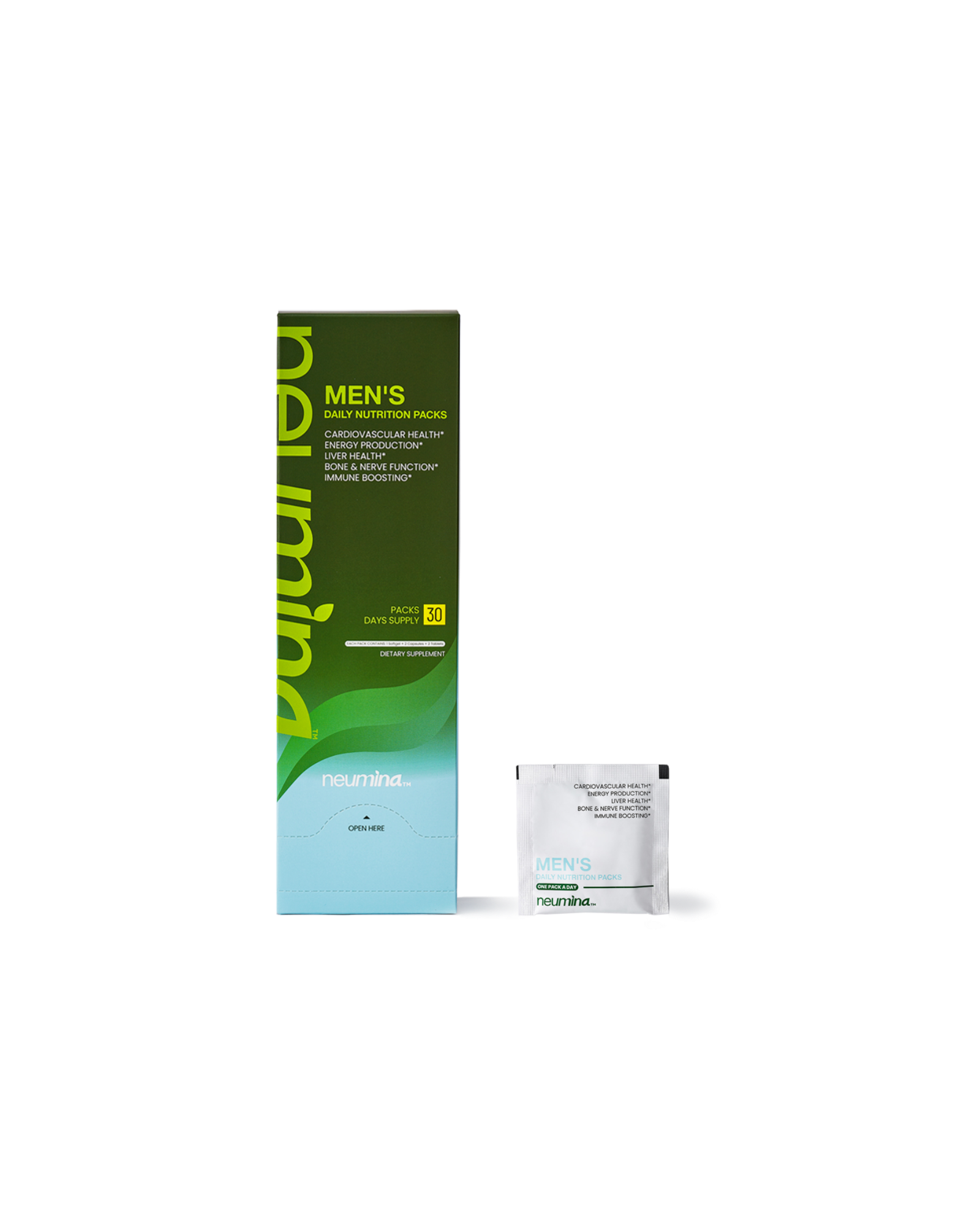 Product shot of Neumina Men's Daily Nutrition Packs, featuring a 30-day supply in a premium olive green box with a portable daily sachet. The formula contains 29 essential nutrients targeting Cardiovascular Health, Energy Production, Liver Health, Bone & Nerve Function, and Immune Boosting. Key ingredients include Ashwagandha, Oyster Extract, Milk Thistle, and Fish Oil. Designed for busy professionals and athletes seeking convenient, science-backed male wellness.