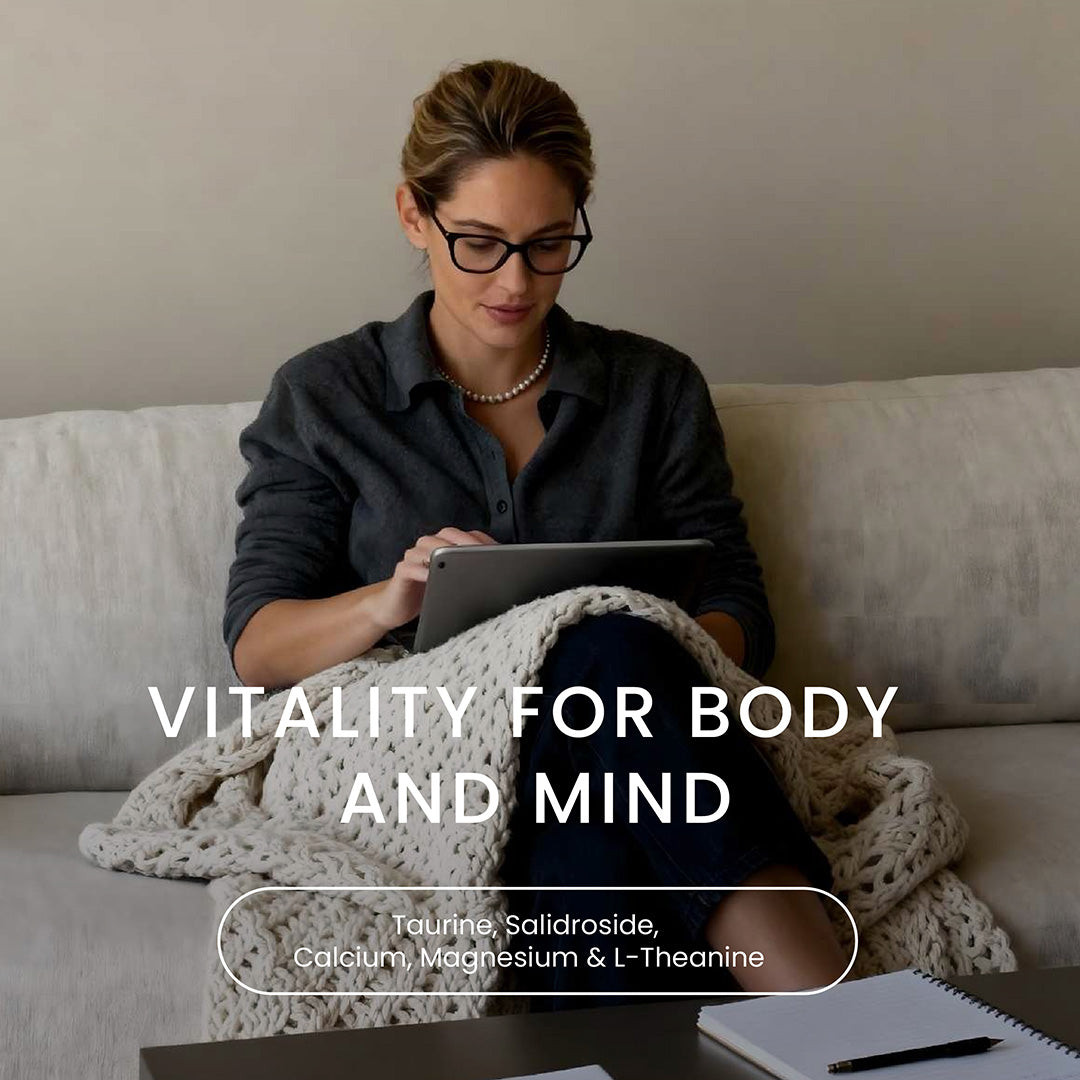 Lifestyle photography of a professional woman wearing glasses and using a tablet on a sofa, representing "Vitality for Body and Mind" by Neumina. Text highlights a scientific blend for focus and relaxation: Taurine, Salidroside, Calcium, Magnesium, and L-Theanine. This visual emphasizes the product's ability to calm the nervous system while enhancing physical and mental performance.