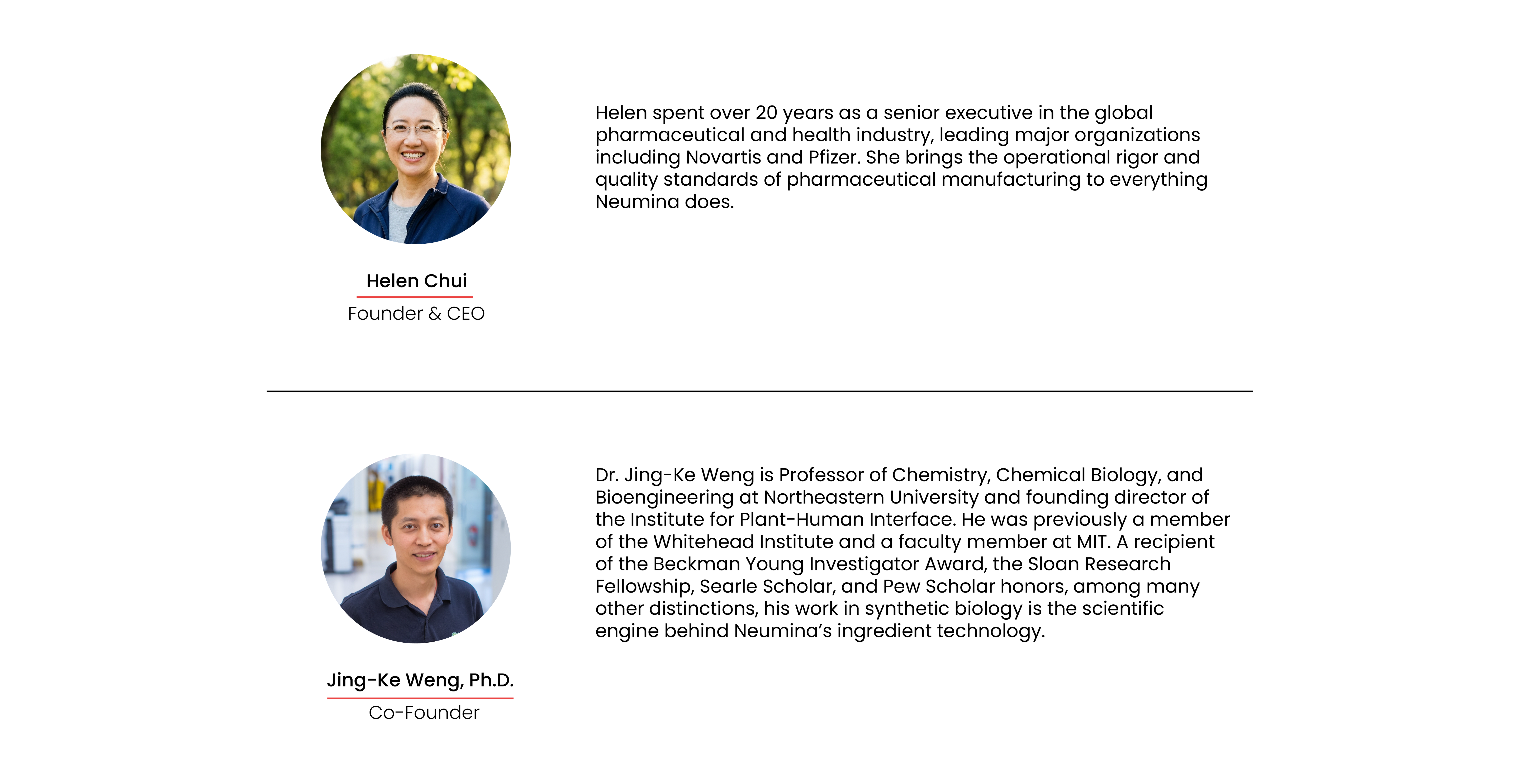 Neumina Founder CEO Helen Chui and Co-Founder Dr. Jing-Ke Weng profiles - pharmaceutical and scientific leadership for evidence-based wellness brand