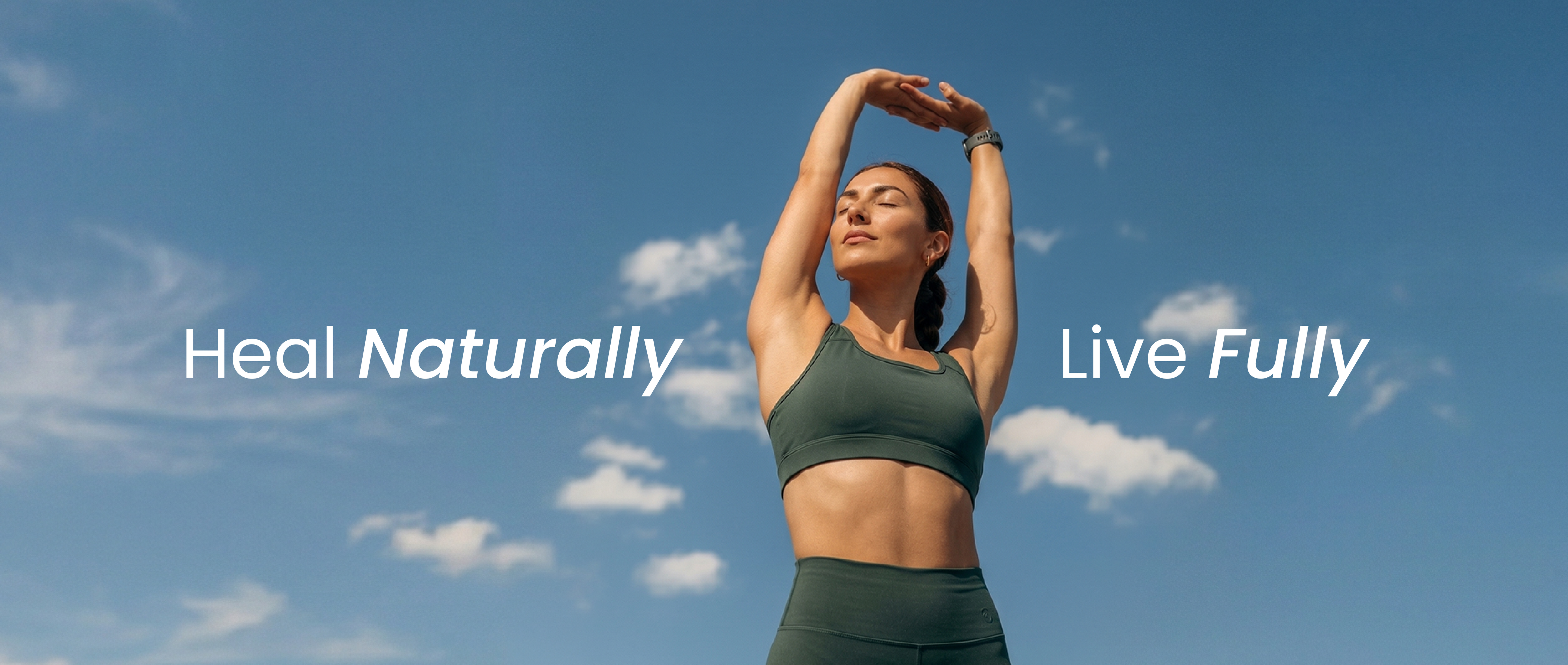 Neumina woman stretching outdoors under blue sky - heal naturally live fully and science-backed wellness blog