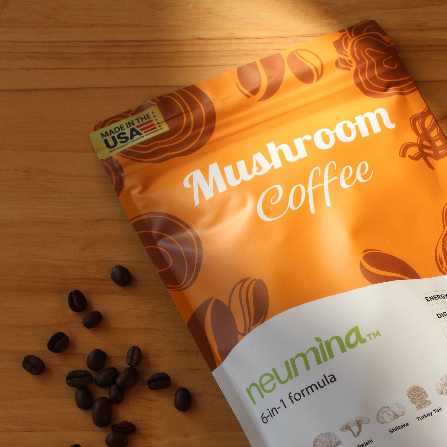 Neumina Mushroom Coffee bag with coffee beans - 6-in-1 functional mushroom blend with Reishi and Turkey Tail for energy and daily wellness