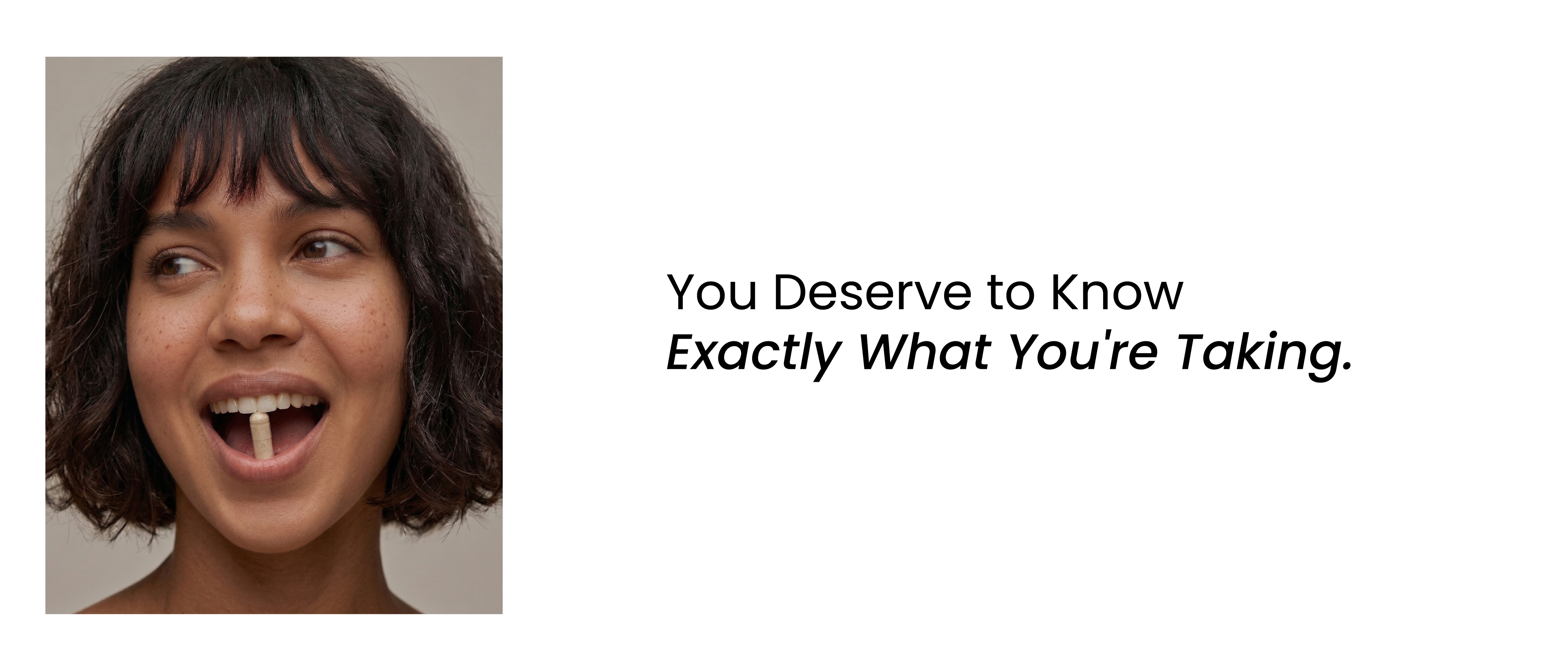 Neumina smiling woman with supplement capsule - transparent ingredients and science-backed nutrition brand